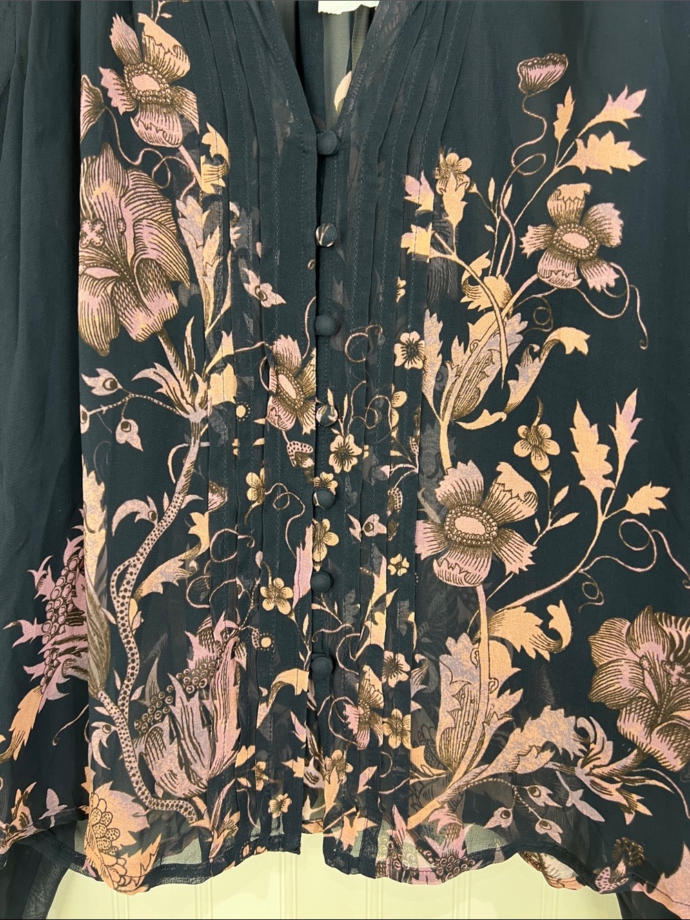 New Anthropologie Florence Balducci Pintuck Blouse Floral black motif Small - Picture 6 of 13